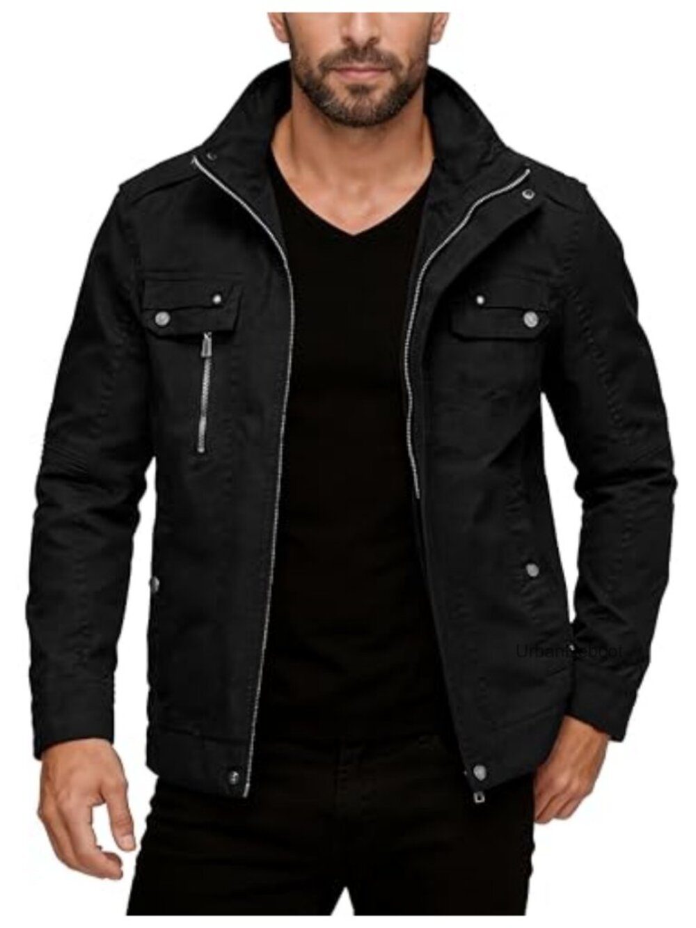 Men's Cotton Military Jacket Lightweight Windbreaker Snap Zipper Pockets